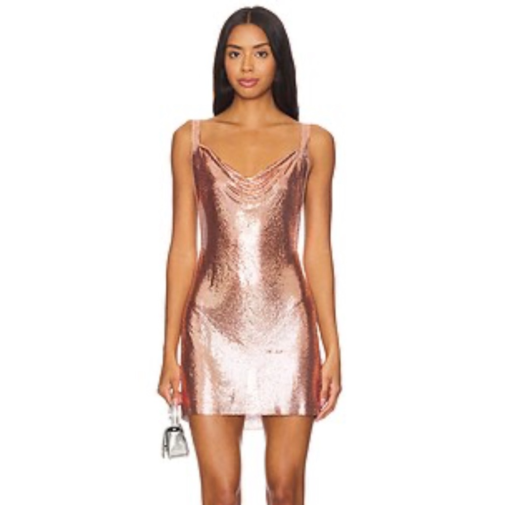 MICHAEL LO SORDO $616 Cross Drape Chainmail Mini Dress in Rose Gold